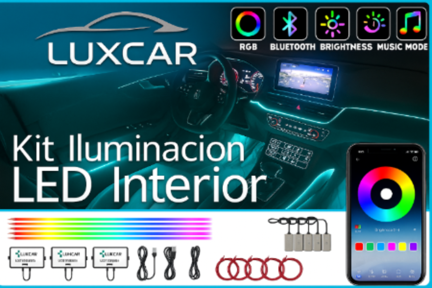 18 en 1 64 colores RGB sinfónico luz ambiental del coche guía acrílica Interior tira de luz LED decoración lámpara de ambiente por Control de aplicación